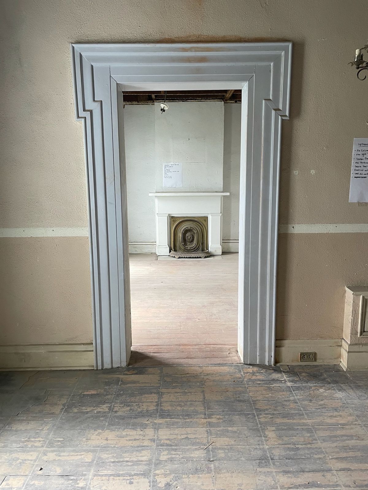 Doorway toward fireplace